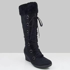 Amazon.com: CLARE01 Women Wedge Heel Mid Calf Fur Boots Black: Shoes