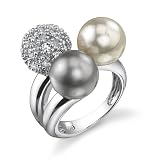 Sensually Radiant: Sterling Silver Grey White Pearl and Disco Ball Cubic Zirconia Cocktail Ring