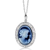 14K White Gold Diamond Victorian Style Cameo Pendant w/Chain 18