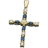 14Kt Yellow Gold Blue Sapphire and Diamond Cross Pendant