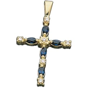 14Kt Yellow Gold Blue Sapphire and Diamond Cross Pendant