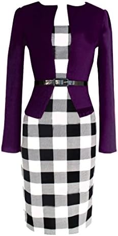 Women Long Sleeve Plaid Office False Two-piece Belted Bodycon Dress(Purple,XL)