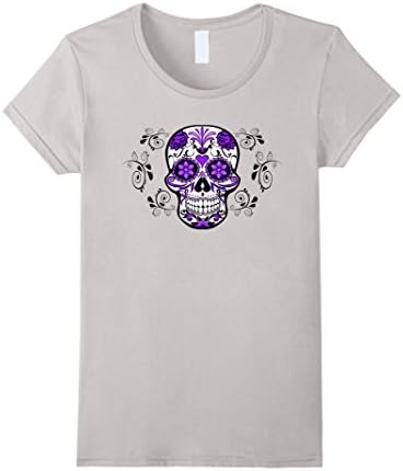 Women's Day of the Dead Sugar Skull Candy Skull T-Shirt Medium Silver