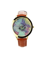 ZLYC Mens Women World Map Leather Wrist Watch Brown