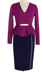 V-neck Peplum Slit Long Sleeves  Dress