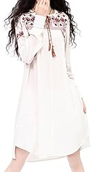 Floral Print High-Low-Hem Cotton/Linen Long Sleeves Vintage  Dress