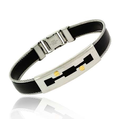 Genuine 18K Gold rubber Stainless Steel Screws Cable Mens Bracelet