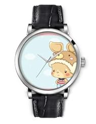 SPRAWL Aanalog Fashion Series Silver Ladies Watches of Genuine Black Leather Strap,Unique Wrist Watch for Women Girls Designed with Cute Bear hat
