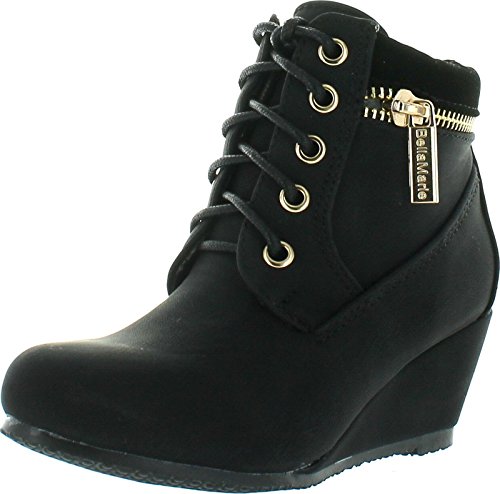 Kids Girls Sally31 Gold Zipper Decor Faux Nubuck Lace Up Wedge Ankle Boot Booties