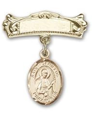 14kt Gold Baby Badge with St. Camillus of Lellis Charm and Arched Polished Badge Pin. Catholic Saint Camillus de Lellis Patron Saint of hospitals, nurses, sick