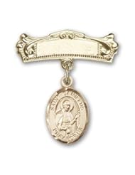14K Gold Baby Badge with St. Camillus of Lellis Charm and Arched Polished Badge Pin