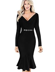 Sexy V-neck Long Sleeves Mermaid Knee Length Vintage Belted Polyester Bodycon Dress/Evening Dress/Wedding Party Dress 