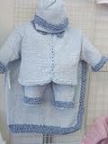 Cpk75bbk, Baby Blue Chenille with Denim Trim Infant Boy Outfit Cardigan Sweater,pant, Hat and Matching Blanket