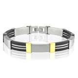 Men's 18k Gold and Stainless Steel with Black Robber Bracelet Bangle (Length 7.5 and Width 9mm)