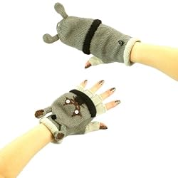 Winter Knit Flip Top Animal Fingerless Mittens Gloves Glomitt Raccoon Gray
