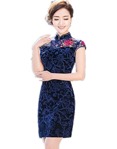 (上海物語)Shanghai Story 花刺繍 レース チャイナドレス 混棉 半袖 ショットドレス 女性 中国着物