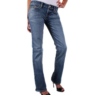 EVISU GENES JEANS Womens Low Rise Bootcut Hipster Denim Pants Light Blue/Yellow