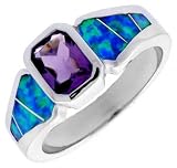 Sterling Silver, Synthetic Opal Inlay Ring w/ Princess Cut Amethyst CZ, 5/16 (8 mm) Wide