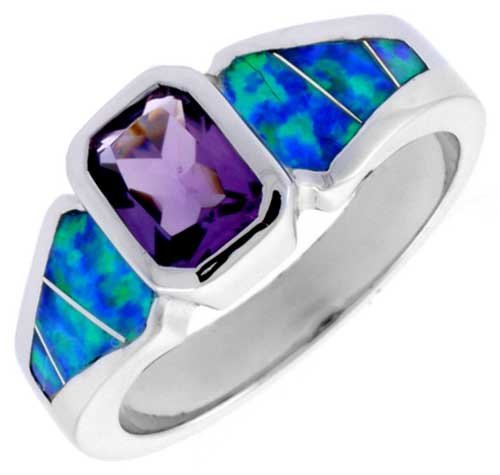 Sterling Silver, Synthetic Opal Inlay Ring w/ Princess Cut Amethyst CZ, 5/16