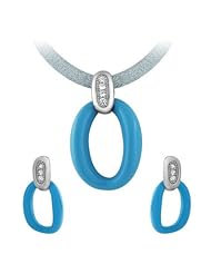 Sterling Silver "0" Shaped Formulated Turquoise Set with CZ & Sand Finish (Chain Not Included)