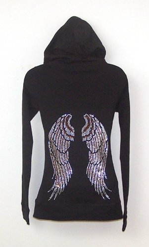 Bling Angel Wing Crystal Rhinestone Black Hoodie
