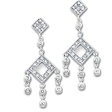 Rhodium-plated Diamond-shape Pave Chandelier Earrings