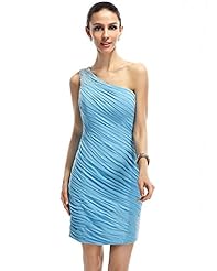 One Shoulder Natural   Waistline Lace Ruched Beaded Chiffon Cocktail Knee Length Short Sheath  Dress