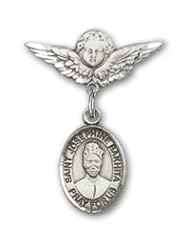 Sterling Silver Baby Badge with St. Josephine Bakhita Charm and Angel with Wings Badge Pin