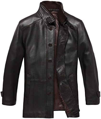 Erechtheus Men's Mao Collar Genuine Leather Jacket (Large, Brown)