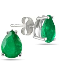 All-Natural Genuine 8x6 mm, Pear Shape Emerald earrings set in 14k White Gold