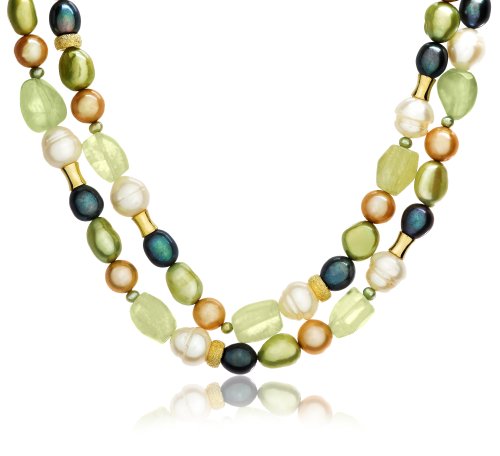 14k Yellow Gold Overlay Sterling Silver Green Garnet & Freshwater Cultured Pearl Necklace, 17.5