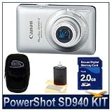 Canon Powershot SD940IS Silver 12.1MP Digital ELPH Camera with 4x Wide Angle Optical Image Stabilized Zoom and 2.7-inch LCD Bundle w/ 2GB SD Memory, Case and Lens Cleaning Kit