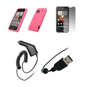 HTC Droid Incredible - Premium Pink Soft Silicone Gel Skin Cover Case + Crystal Clear Screen Protector + Rapid Car Charger + USB Data Sync Charge Cable for HTC Droid Incredible: Electronics