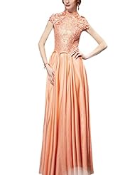 A-line Beaded Mesh Lace Round Neck Cap Sleeves Cocktail Floor Length Satin/Silk Evening Dress/Homecoming Dress/Pageant Dress/Prom Dress/Party Dress/Wedding Dress 