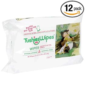 TushiesWipes Refills, Unscented Natural Formula with Aloe, 80 Wipe Refill Packs (Pack of 12)