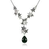 Sterling Silver Marcasite and Crystal Stars Necklace and Onyx Drop, 18+2