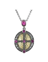Alexander James Hematite and 14k Gold Bonded Crest Necklace with Pink Tourmaline Cubic Zirconia in Tutone