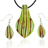 Olive/amber Striped Murano Glass Leaf Drop Necklace Pendant Set