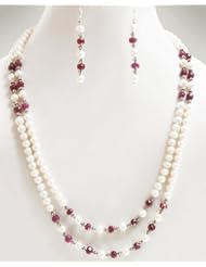 Elegant 2 Strands Natural Faceted Ruby & Pearl Beaded Necklace with Free Earrings
