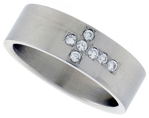 Surgical Steel Flat Band with CZ Cross