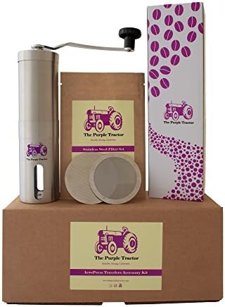 The Purple Tractor Accessory Set For Use With The AeroPress Coffee Maker - Manual Coffee Grinder &amp; Stainless Steel Filter