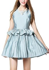 Peplum Pleated  Acrylic/Polyester Empire   Waistline Sleeveless Flared-Skirt  Dress With Ruffles
