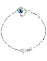 Sterling Silver Cubic Zirconia Heart Evil Eye Charm Bracelet, 6.75 inch