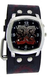 Twin Flaming Dragon Wide Black Leather Band Circle Trendy Design Steel Black Dial Gothic Punk Biker Wristband Watch