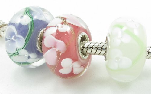 (Free Shipping) Cornflower Blue, Light Cranberry, and Eggshell White Hawaiian Flower Murano Glass Beads Set with Solid Sterling Silver Single Core Stamped 925 Fit Pandora Biagi Chamilia Troll Bracelets
