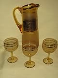 Vintage Bohemia Crystal Smoky Amber w/ Gold Flower Motif & Trim - Pitcher & 3 Goblets - Made in Czechoslovakia