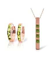 14k Rose Gold Jewelry Set: Natural Peridot Pendant Necklace and Huggie Hoop Earrings