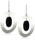 Sterling Silver Hammered Open Oval Black Onyx Drop Earrings