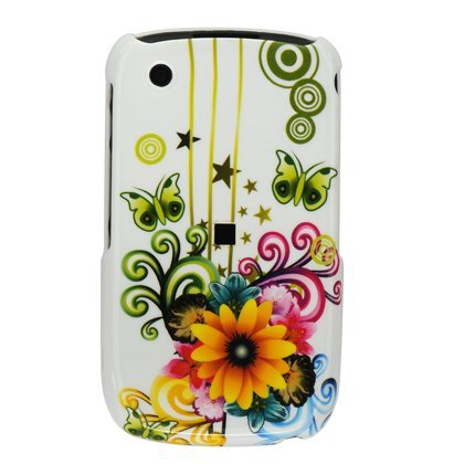 Premium Designer Hard Snap On Crystal Case for the Blackberry 8520 Curve/Gemini - Cool White Floral Butterfly Print