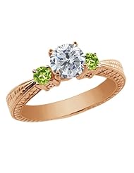 1.24 Ct Round H/I Diamond Green Peridot 925 Rose Gold Plated Silver 3-Stone Ring